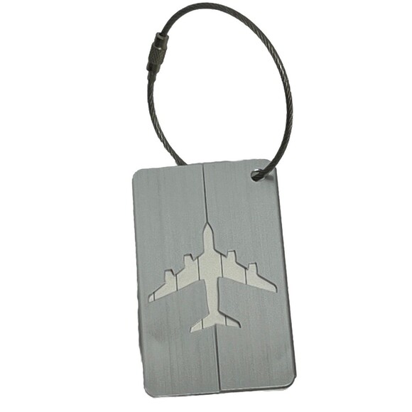 Luggage Tag Airplane‎ Travel Suitcase Label Aluminum Secure Metal Cable Silver - Picture 1 of 3